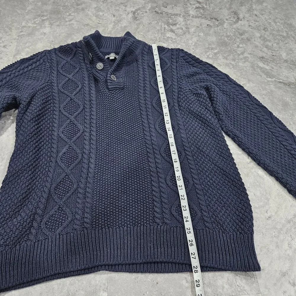 LL Bean Signature Fisherman Button Henley Sweater Blue‎ Cable Knit MENS XL Mock